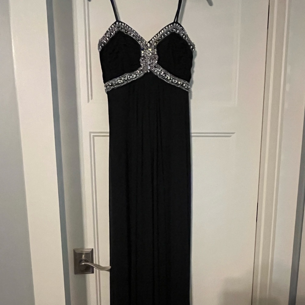 Xscape Navy Strapless Dress with beaded Silver Accents